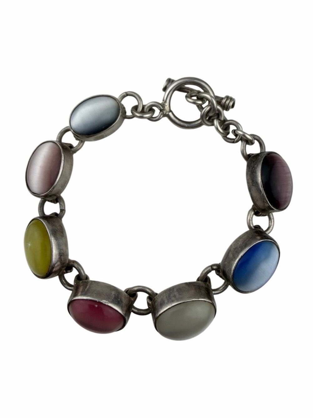 Vintage Mexico Cat's Eye Multi Color Sterling Silver Bracelet 7.25" (HAS CHIP)